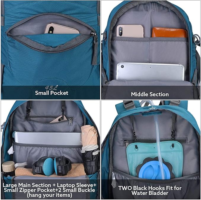 G4Free 45L Hiking Travel Backpack Waterproof with Rain Cover, Outdoor Camping Daypack for Men Women (Grey Blue)