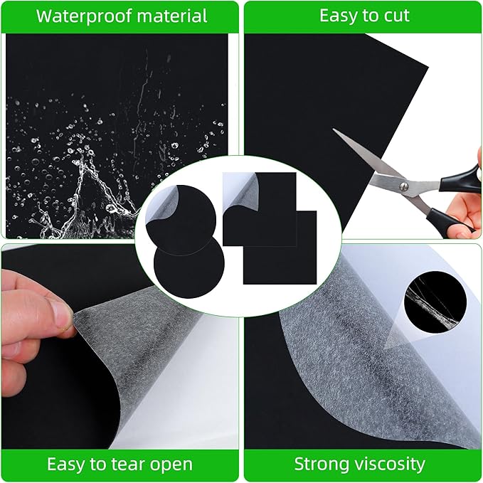 4 Pcs 8 x 8 Inches Pond Liner Repair Patch Kit EPDM Butyl Rubber Liner Patch Kit Self-Adhesive Waterproof Patch for Ponds Roofs Trampolines Durable Black Round Square Shapes