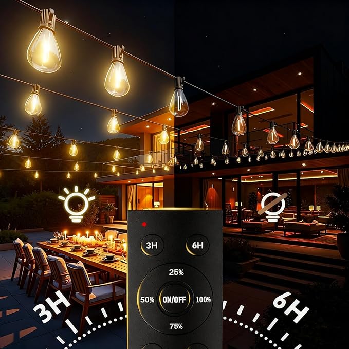 REEMEER 100FT LED Outdoor String Lights with Remote, Dimmable Timing 3 Light Modes Outside Patio Lights for Backyard Porch Deck Garden Balcony Pool Party Hanging Lighting Decor