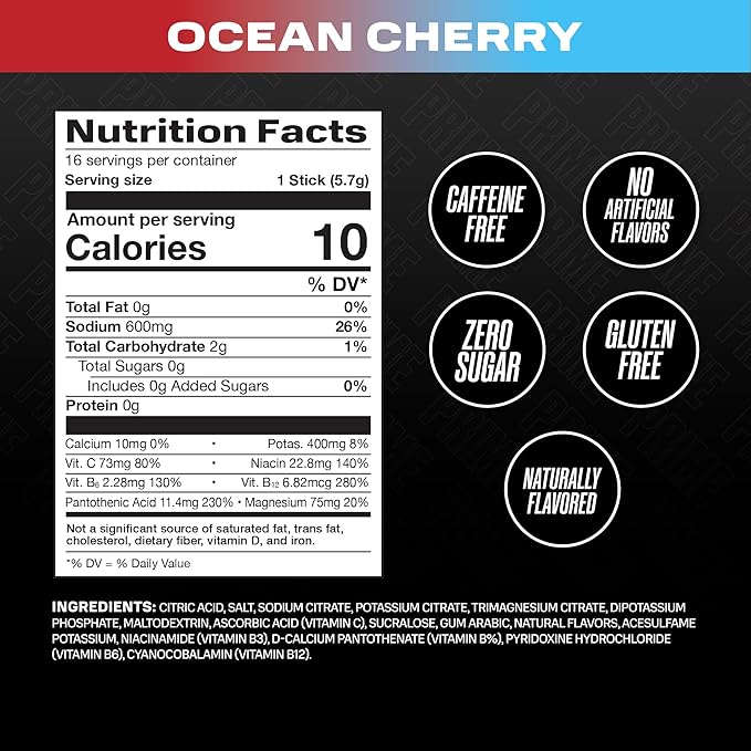 Prime Rapid Rehydration Electrolyte Powder Sticks, Ocean Cherry, Sugar Free Hydration Drink Mix with Sodium, Potassium, Magnesium & B Vitamins to Replenish Fluids, Caffeine Free, 16 Count