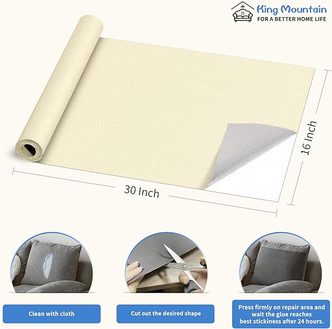 KING MOUNTAIN Canvas Repair Patch 16×30 Inch Self-Adhesive Waterproof Fabric Patch for Sofas, Tents, Furniture,Tote Bags, Car Seats (Beige1.0)