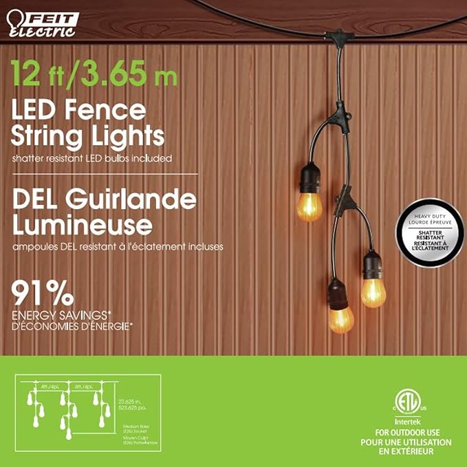 Feit Electric 12ft LED Outdoor Fence String Lights, 10 Sockets, 12pc. S14 LED Bulbs Included, E26 Base, 10 Watts, 2200K, Amber, SLM12-10/FIL