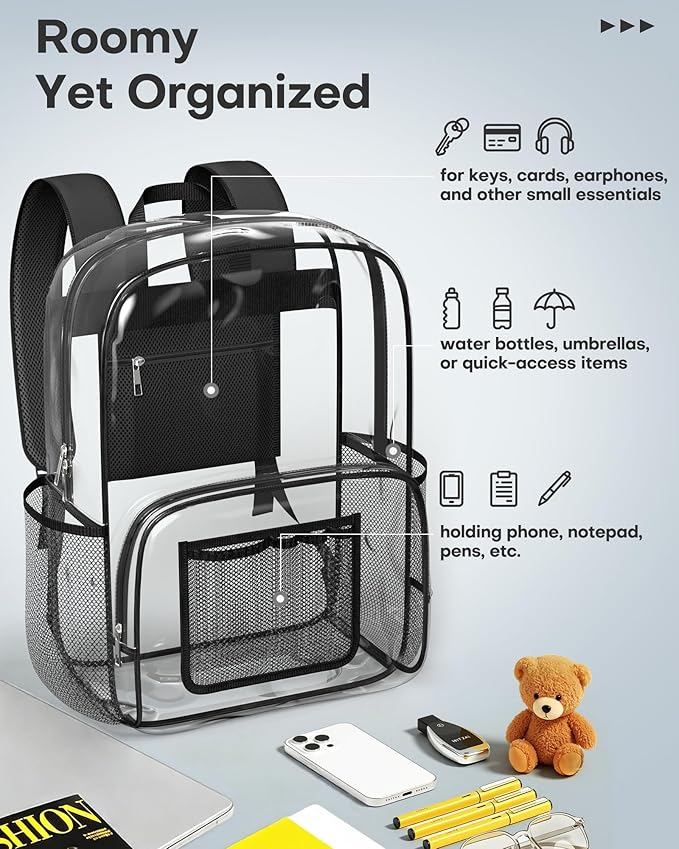 HOTOR Clear Backpack - Multi-Pocket Bookbag, Cold-Resistant PVC Waterproof Work Bag & College Backpack with Padded Shoulder Straps for Travel, Festival, 16.0" x 12.0" x 7.0", Black
