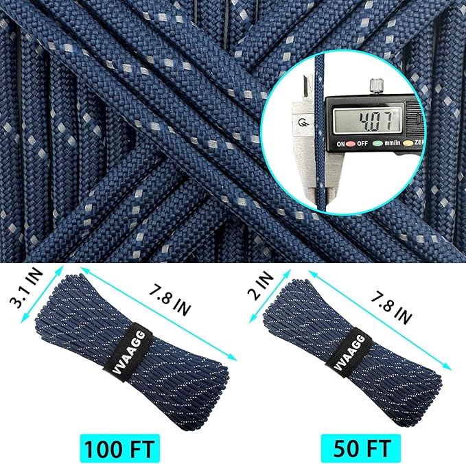 VVAAGG Reflective Paracord Rope 100FT, 7 Strand Nylon para Cord Lanyard Utility 550 Parachute Cord, 4mm Thin Tent Rope for Outdoor Camping Hiking