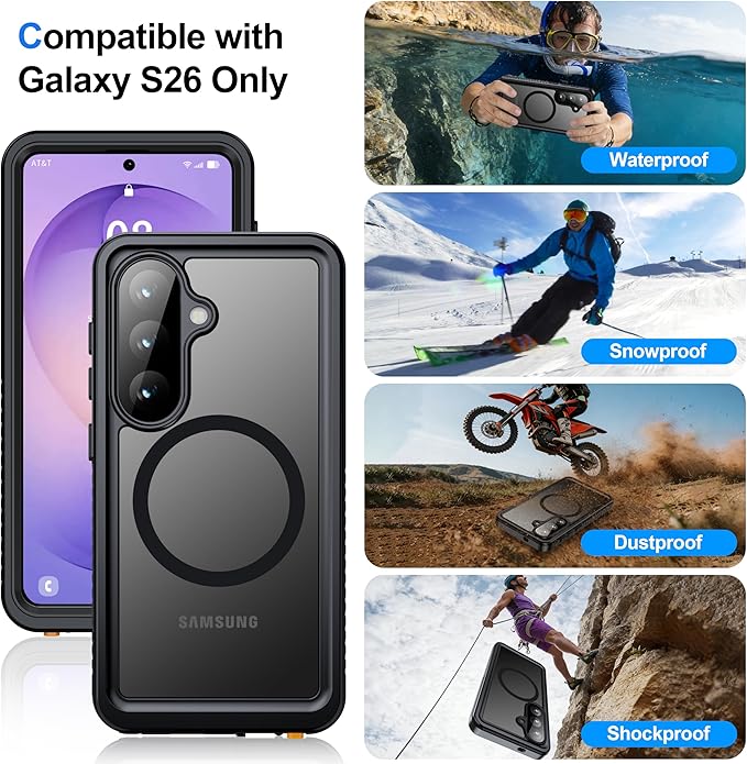 ANTSHARE for Samsung Galaxy S26 Case Waterproof, Built-in Lens & Screen Protector, [Compatible with MagSafe] Shockproof Dropproof Translucent Matte Full Body Phone Case for S26 6.3"- Black