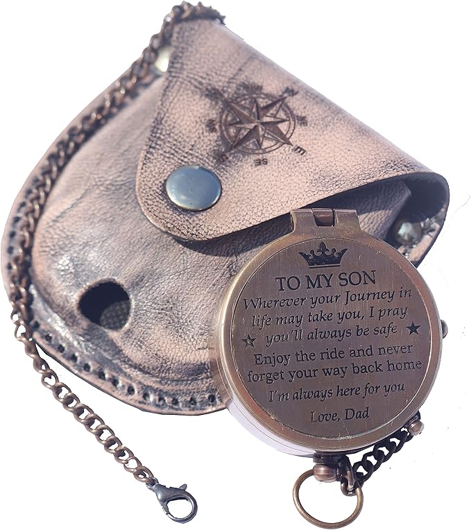 Brass Engrved Compass for Men, Pocket Compass with Leather Case, Antique Handmade Religious Gift Idea for Graduation, Communion, Baptism (to My Son, Love Dad)