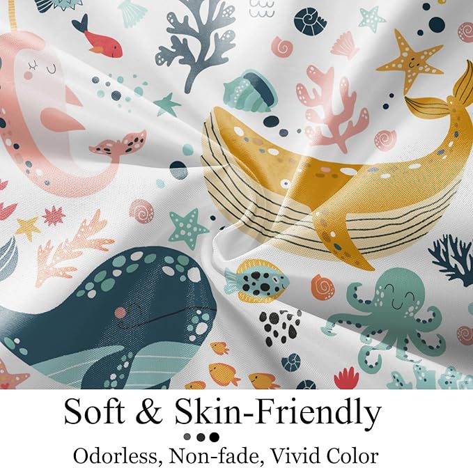 Kids Whale Shower Curtain, Funny Cute Ocean Fish Cartoon Sealife Under Sea Coral Starfish Bath Curtain Waterproof Fabric Machine Washable with Hooks, 72" Wx96 L