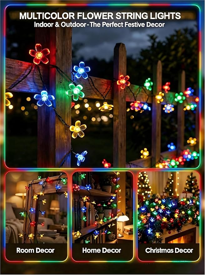 ITICdecor 2 Pack 50 LED Solar String Lights Outdoor Waterproof Flower Solar Lights for Garden Yard Fence Patio Christmas Tree Wedding Party Decor(Multicolor)