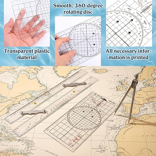 3 Pcs Basic Navigation Set, Include 16 Inch Parallel Ruler with Brass Arms Nautical Protractor Navigation Divider with Clear Scales, 6 Inch Marine Fixed Points Divider for Boat