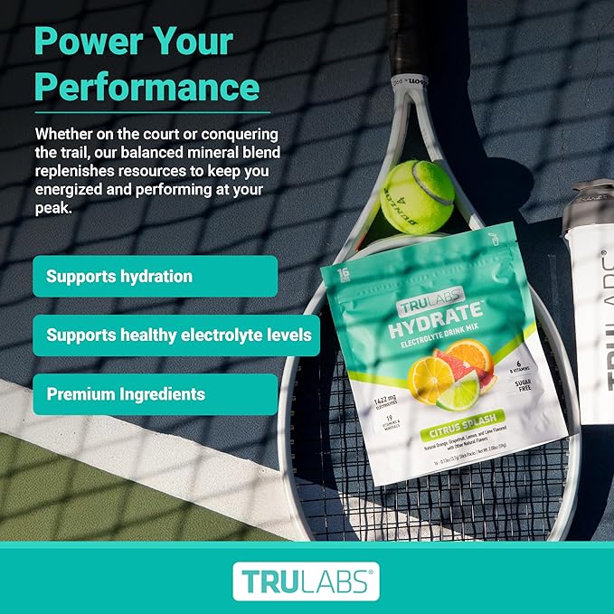 TRULABS Hydrate Electrolyte Drink Mix – Citrus Splash Flavor, Sugar-Free Hydration Packets with 1422 mg Electrolytes & 19 Vitamins & Minerals, Monk Fruit Sweetened, On-the-Go Sticks (16 Count)