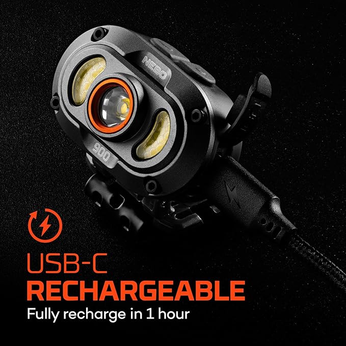 NEBO MYCRO 900+ Headlamp | USB-C Rechargeable 900 Lumen Headlamp, 7 Light Modes with Spot and Flood Light, IPX4 Water Resistant, Adjustable Strap, Cap Light Convertible
