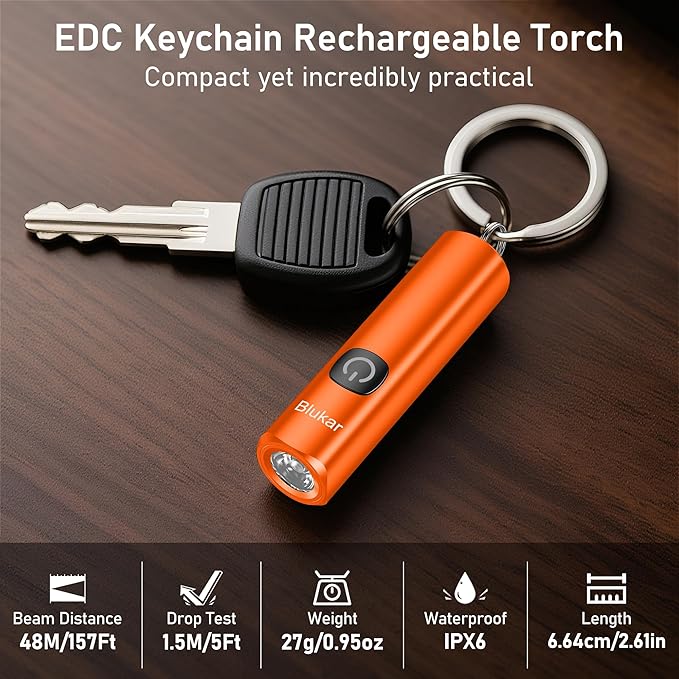 Blukar Rechargeable EDC Flashlight, Mini Keychain Flash Light with 3 Lighting Modes, Memory Function, Waterproof, Compact and Portable Pocket Light for Everyday Carry, Emergency,Camping-Orange