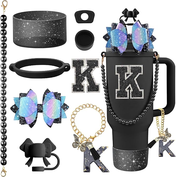 9PCS Black for Stanley Cup Accessories Set Bling Initials Bow Charms for Stanley Decorations 30/40 Oz Tumbler Accessories Including Bow Straw Topper, Handle Strap, Spill Stopper（Letter K）