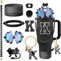 9PCS Black for Stanley Cup Accessories Set Bling Initials Bow Charms for Stanley Decorations 30/40 Oz Tumbler Accessories Including Bow Straw Topper, Handle Strap, Spill Stopper（Letter K）
