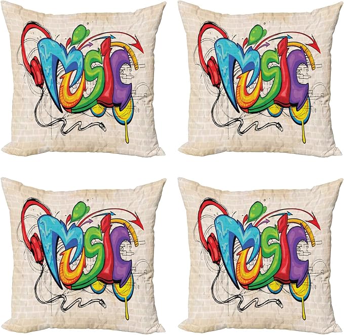 Ambesonne Music Throw Pillow Cushion Case Pack of 4, Illustration of Graffiti Style Lettering Headphones Hip Hop Theme on Beige Bricks, Modern Accent Double-Sided Digital Printing, 24", Tan Green