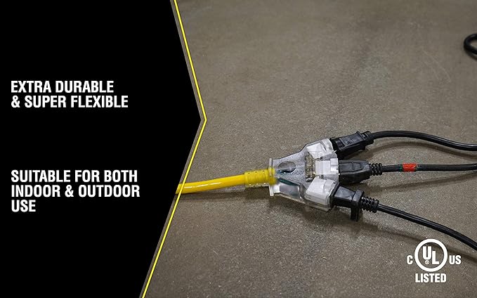 Southwire Outdoor Extension Cord - Power Light Indicator Cable for Heavy Duty Tools - SJTW - 12 Gauge - Water Resistant - High Visibility - Yellow - 50 Foot