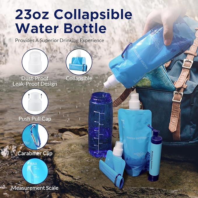 Membrane Solutions Collapsible Water Bottle 23oz, Foldable Pouch Water Bottle with Carabiner, BPA-Free, Leakproof for Traveling Camping Hiking Cycling Yoga Sports Outdoor Essentials
