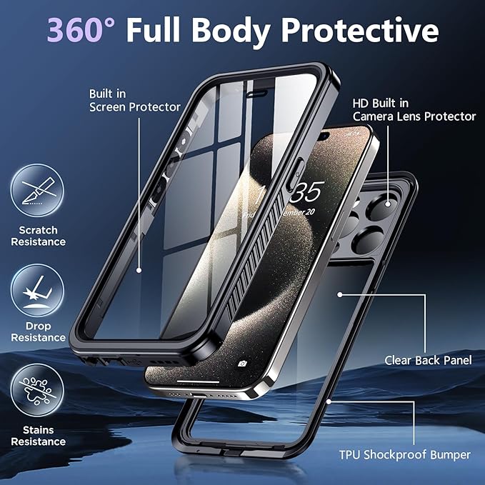 SPIDERCASE for iPhone 15 Pro Case Waterproof, [Built-in Lens & Screen Protector] IP68 Underwater, Full Body Sealed Protection [12FT Military Shockproof] Dustproof for iPhone 15 Pro Case 6.1", Black