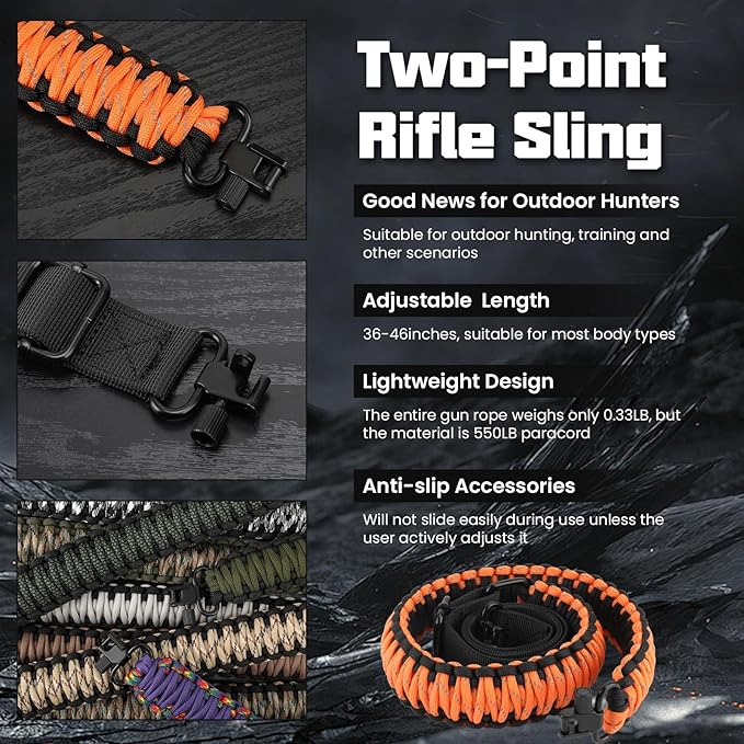 Double Braide 550LB Shotgun Sling 2 Point Paracord Rifle Sling,Non-Slip Traditional Adjustable Gun Sling for Hunting Shooting Camping