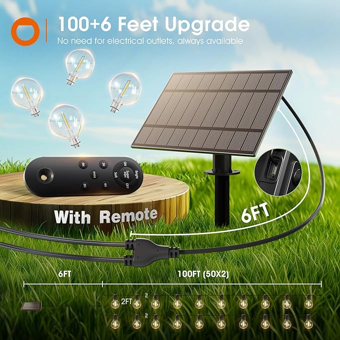 addlon 106FT(100+6) Solar String Lights with Remote, 54 Shatterproof G40 Bulbs, Commercial Grade Solar Powered Outdoor Light, Dimmable Waterproof Solar Lighting Outdoor for Garden Backyard Party Decor