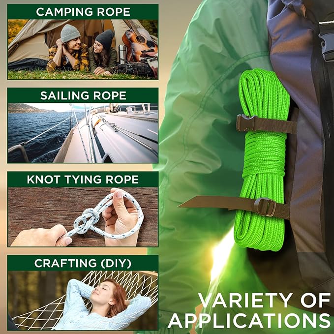 TECEUM Rope – 90 Feet x 1/4 Inch (7mm) – Neon Green – Strong All-Purpose Utility Rope – Camping, Crafting, Flag Pole, Indoor & Outdoor – Polypropylene Nylon Poly Lightweight Diamond Braided Cord