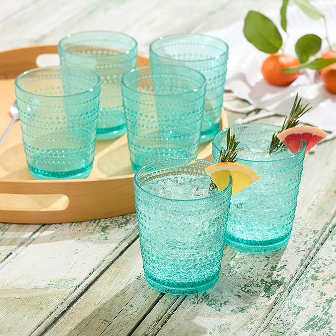 Santa Fe Teal Set of 6 Premium Acrylic DOF Glasses 16 oz – Unbreakable Drinkware with Textured Bubble Design, Dishwasher Safe Tumblers for Indoor & Outdoor Use