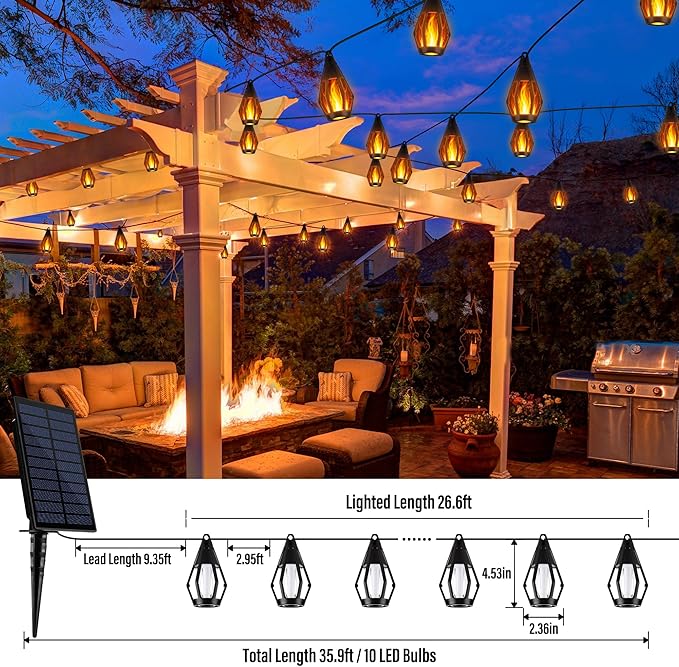 iBaycon Solar Flame Lights, 27Ft 10 LED Bulbs Flickering Flame String Light, Outdoor Waterproof Solar Flame Lights for Garden Yard Lawn Patio Decorations (Warm White)