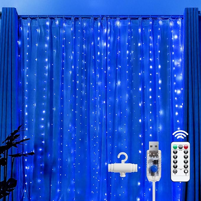 Brightown 300 LED Blue Fairy Curtain Lights, 9.8ft x 9.8ft String Lights, USB Plug in 8 Lighting Modes Christmas String Hanging Lights with Remote for Bedroom Indoor Outdoor Party Xmas Blue 1 Pack