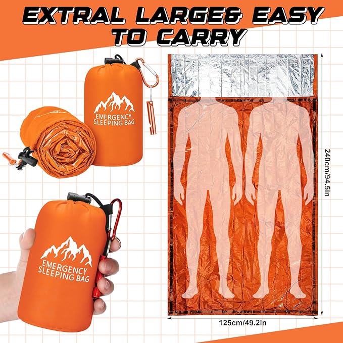 Oudain 2 Pcs XL Emergency Sleeping Bag 94.5" x 49.2" Waterproof Survival Sleeping Bag with Whistle Carabiner Portable Thermal Bivy Sack Emergency Blankets for Camping Hiking Outdoor