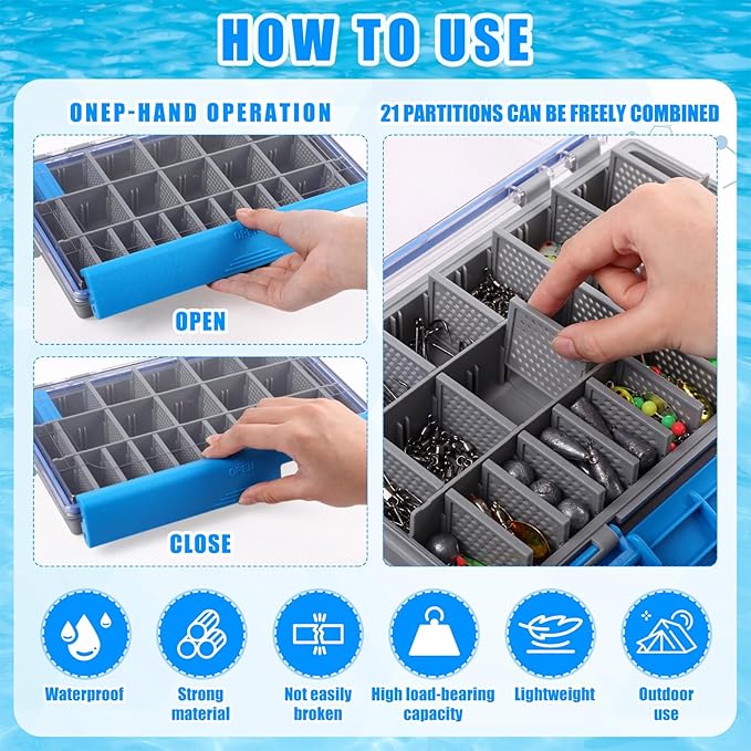 Junkin 6 Pack 3600 Fishing Tackle Boxes Waterproof, High-vis Blue Lure Organizer Trays with Removable Dividers, Airtight Bait Storage Case for Bass Fishing Backpacks & Kayak Gear Accessories
