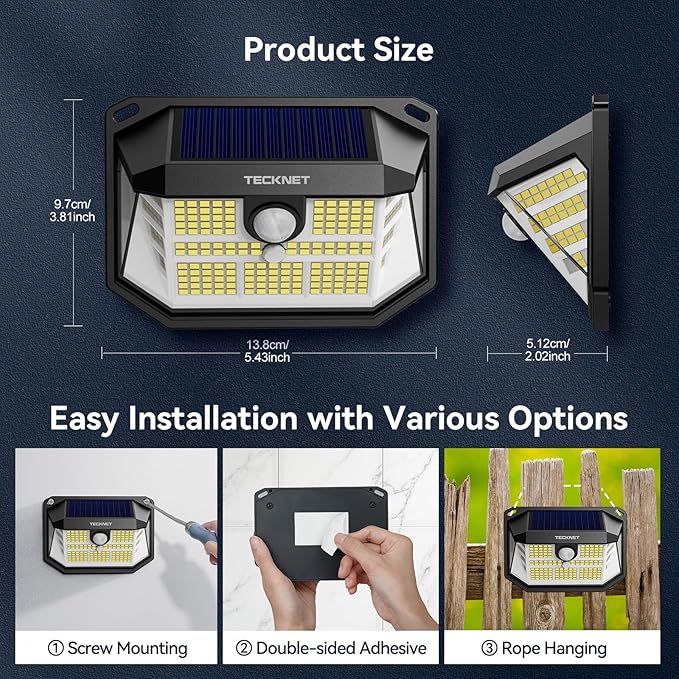 TECKNET 231 LED Solar Motion Lights Outdoor Waterproof, 10 Pack 300° Angle & 3 Lighting Modes PIR Motion Sensor Security Solar Wall Lights IP65 for Fence Front Door Yard Deck Garden Garage
