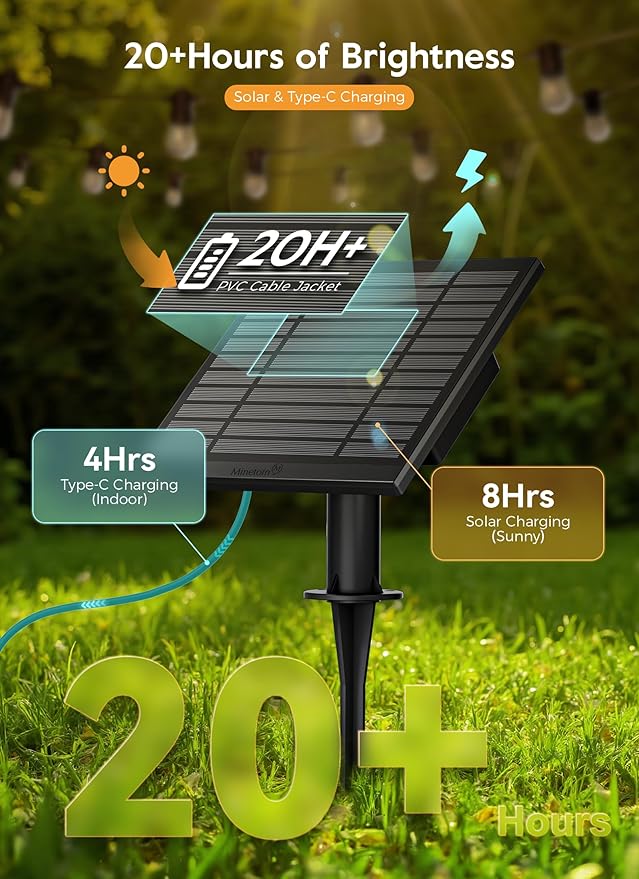 Minetom 100FT Solar-String-Lights-Outdoor-Waterproof, 31+2LED S14 Shatterproof Bulb, Patio Lights with Remote Type-C Port Timable, 3 Light Modes Dimmable Solar String Lights for Outside, Yard, Camping