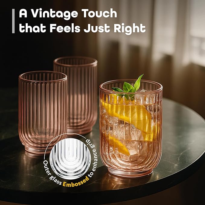Glaver's Vintage Glassware Art Deco Glasses Ribbed Drinking Glasses U-Shape Arch Design Colored Cocktail Kitchen Tumblers Everyday Dinner Decorative Party (Pink S/4 17oz)