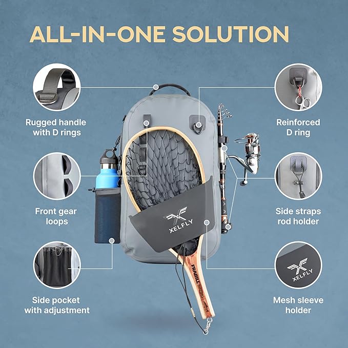 Xelfly - Waterproof Fishing Backpack with Rod Holder, Inflatable Air Valve, Padded Waist Straps & Gear Loops - Submersible Zipper, Rugged Top Handle, Adjustable Attachments (Blue)