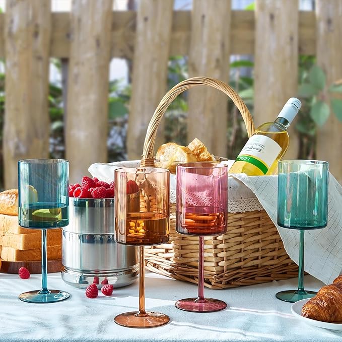 Unbreakable Stemmed Square Tritan Acrylic Floating Wine Glasses European Style | Set of 4 | 100% US Drinkware, 18 oz Dishwasher Safe Muted Color Shatterproof BPA-free plastic, All Purpose Glassware