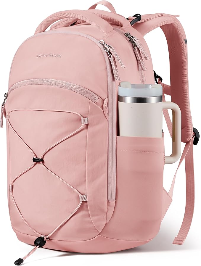 LOVEVOOK Everyday Laptop Backpack for Women Men With Giant Tumbler Holder,17 Inch Classic Travel Work College Teacher Carry on Backpack Purse,Waterproof Computer laptop Bag Hiking Backpack,Light Pink