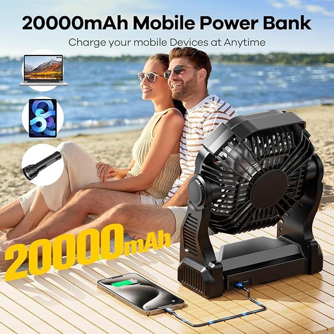 DOWILLDO 20000mAh Portable Battery Powered Camping Fan - with LED Light, Quiet Battery Operated, Camping Gear for Travel, Tent, Beach, Car or Hurricane Power Outages, Black