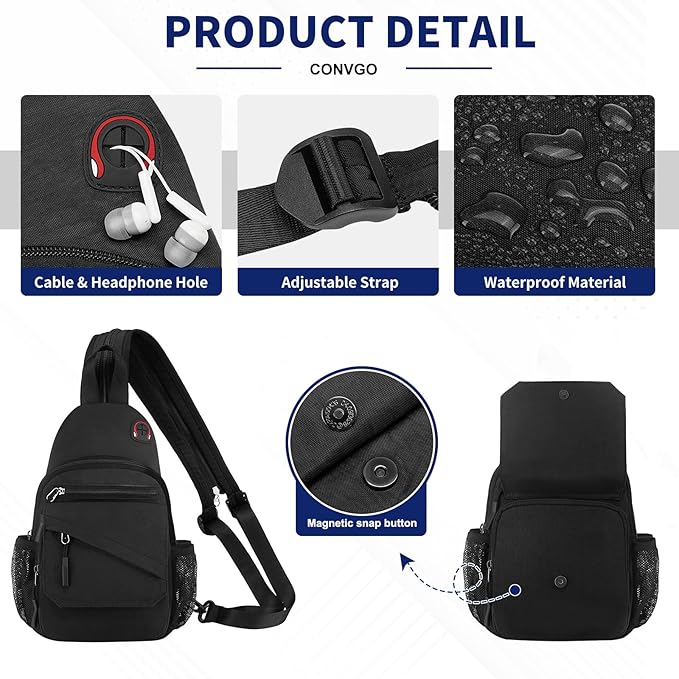 Crossbody Bag Casual Sling Bag for Men, Convertible Backpack, 3-in-1 Anti-Theft Shoulder Bag Trendy Daypack for Travel,Large, Black
