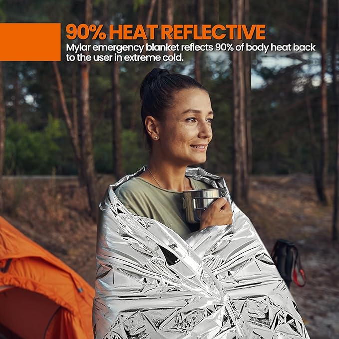 Emergency Blanket, Mylar Thermal Space Blanket for Survival Gear, 4 Pack, 82 in X 52 in