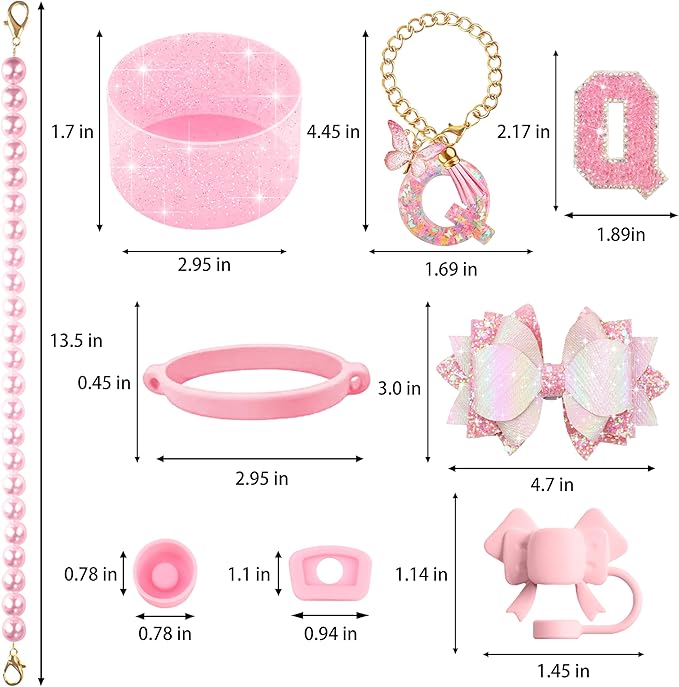 9PCS Pink for Stanley Cup Accessories Set Bling Initials Bow Charms for Stanley Decorations 30/40 Oz Tumbler Accessories Including Bow Straw Topper, Handle Strap, Spill Stopper（Letter Q）