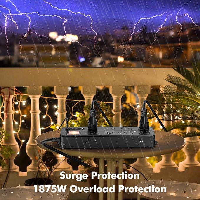 15FT Outdoor Waterproof Power Strip Surge Protector with 8AC Outlets 4USB Ports Power Switch Safety Lock, ETL Certified for Patio Garden Charging