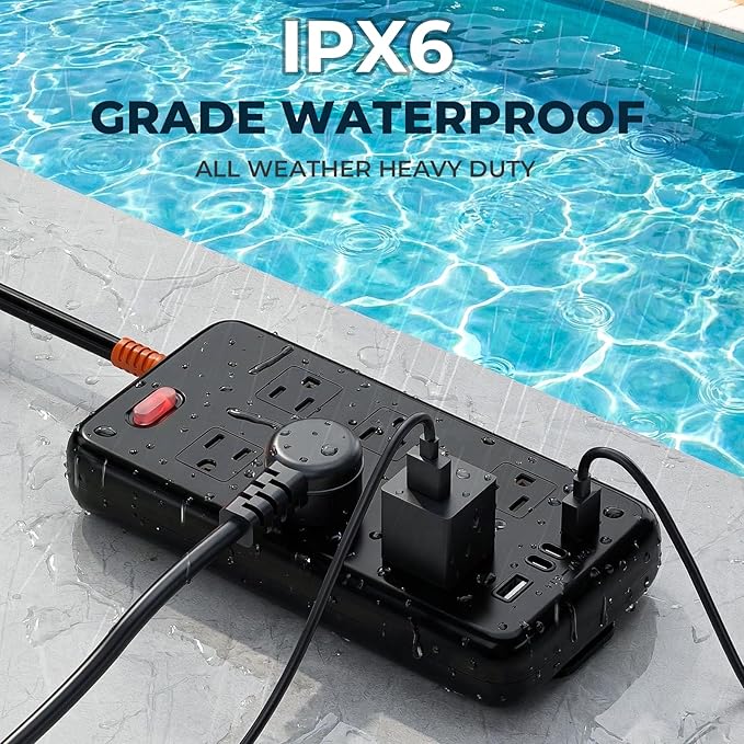 Outdoor Power Strip Weatherproof, IPX6 Waterproof Surge Protector with 6 Wide Outlets and 2USB A&2USB C, 1625W/13A, 6FT Extension Cord, Wall Mountable for Indoor Outdoor, UL FCC Listed