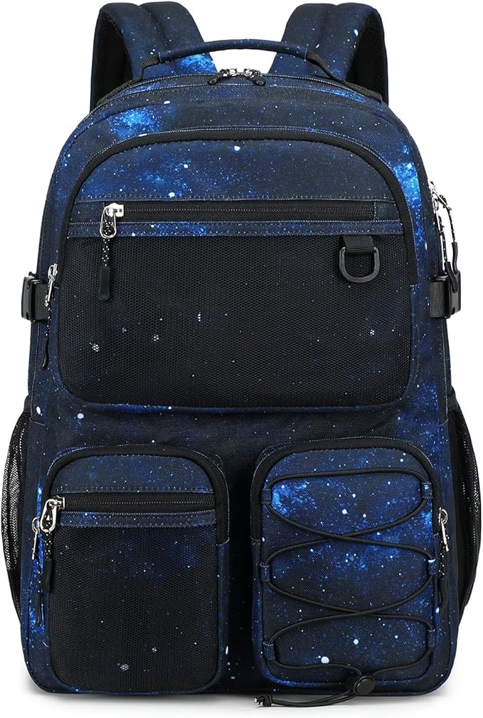 Lohol Multi-Pocket Backpack for Travel College, Heavy Duty Big Bookbag with 15.6 inch Laptop Compartment (Black Blue Galaxy