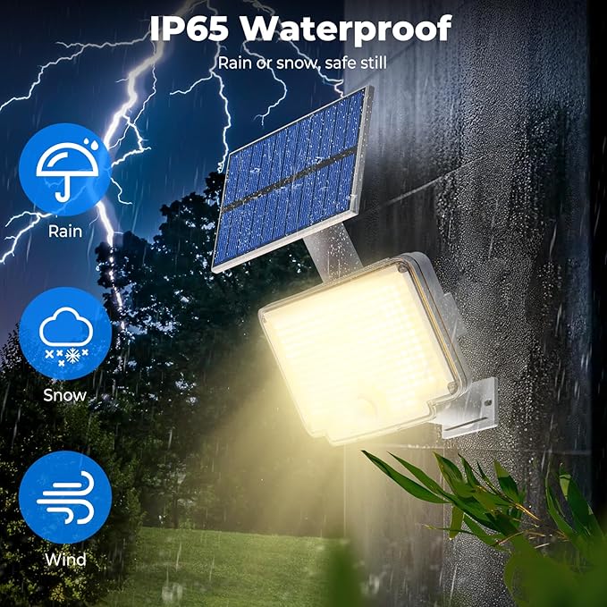 Peasur 2 Pack Solar Motion Lights Outdoor, 318 LED Solar Security Light with 3 Modes, IP65 Waterproof Powered Flood Lights for Outside Garden Backyard，Warm (White Frame)