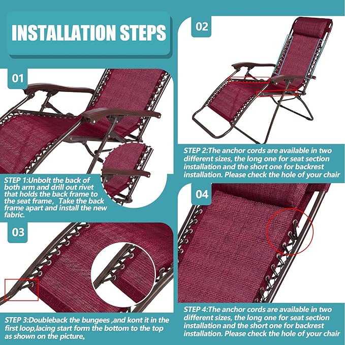 Queekay Chair Replacement Fabric with 4 Bungee Cord Lounge Chair Cloth Mesh Repair Kit for Patio Recliner Outdoor Lawn Pool(63 x 21 Inch,Wine Red)