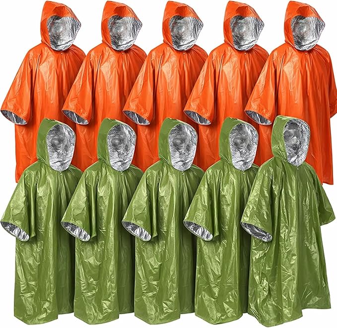 10 Pack Emergency Ponchos with Polyester Film Blanket Liner Waterproof Windproof Thermal Survival Blanket Rain Ponchos for Adult Outdoor Camping Hiking Emergencies Essential, 40 x 47 Inch