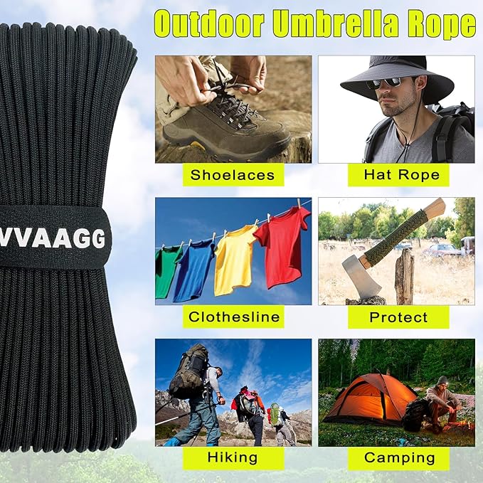 VVAAGG 1000 Black Paracord Rope, 50ft 12 Strand Parachute Cord for Crafting, DIY Projects, Survival Bracelets, Camping, Tent, Clothsline, Outdoor Hiking, Fishing (Black, 50FT)