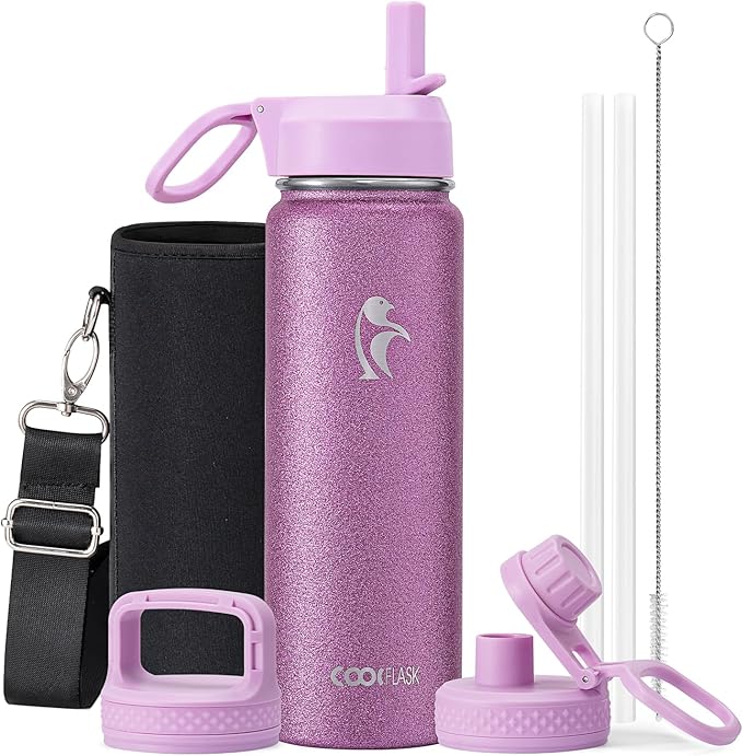 Coolflask Water Bottle 24 oz Insulated with Straw, Stainless Steel Metal 3 Lids Water Flask Wide Mouth for Sports or Office, Non-BPA Keep Cold Up to 48 Hrs or Hot Up to 24 Hrs, Glitter Pink