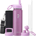 Coolflask Water Bottle 24 oz Insulated with Straw, Stainless Steel Metal 3 Lids Water Flask Wide Mouth for Sports or Office, Non-BPA Keep Cold Up to 48 Hrs or Hot Up to 24 Hrs, Glitter Pink