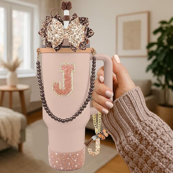 9PCS Brown for Stanley Cup Accessories Set Bling Initials Bow Charms for Stanley Decorations 30/40 Oz Tumbler Accessories Including Bow Straw Topper, Handle Strap, Spill Stopper（Letter J）